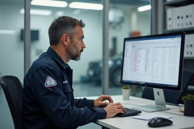 Technicien de contrôle technique consultant l'espace affilié professionnel sur un ordinateur dans un centre automobile