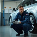 Technicien DEKRA inspectant le dessous d'une voiture lors d'un contrôle technique en garage