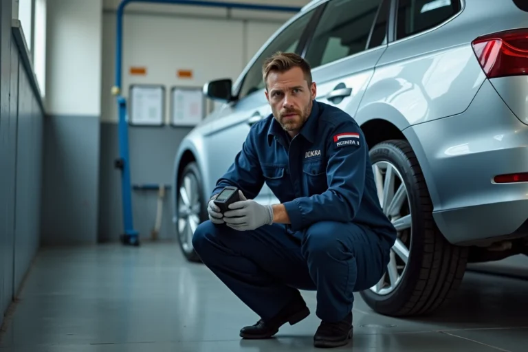 Technicien DEKRA inspectant le dessous d'une voiture lors d'un contrôle technique en garage