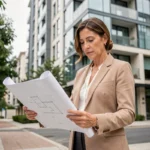 Femme professionnelle de l'immobilier tenant des plans architecturaux devant un immeuble résidentiel moderne en 2024