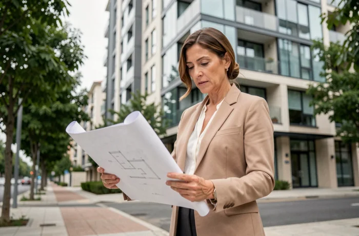 Femme professionnelle de l'immobilier tenant des plans architecturaux devant un immeuble résidentiel moderne en 2024