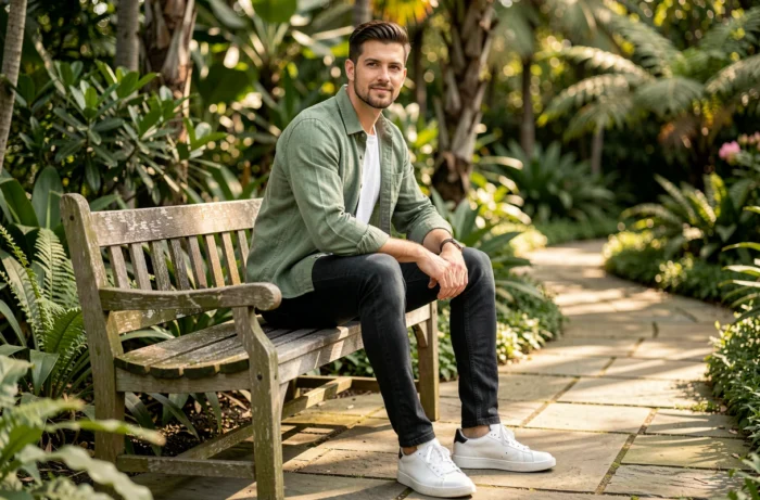 Homme en jean slim et chemise en lin vert sauge assis dans un jardin botanique, look décontracté tendance pour le week-end