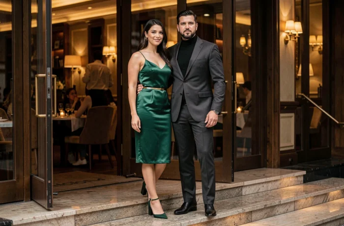 Couple élégant en tenues de soirée devant un restaurant chic, robe satin émeraude et costume anthracite, look tendance pour sortie habillée