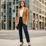 Femme élégante en blazer camel et pantalon marine dans une rue urbaine moderne, tenue tendance pour le bureau