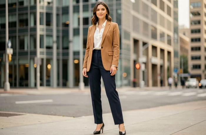 Femme élégante en blazer camel et pantalon marine dans une rue urbaine moderne, tenue tendance pour le bureau