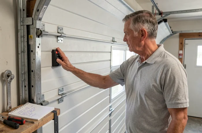 Un homme testant le fonctionnement de la porte de garage après l'installation du nouveau vérin, en observant attentivement le mouvement et en notant les ajustements nécessaires