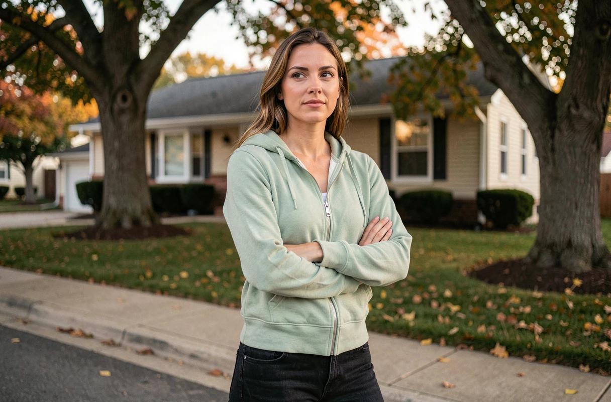 Femme trentenaire debout devant une maison suburbaine américaine en automne, posture détendue et confiante, évoquant la transformation personnelle des sœurs Slaton