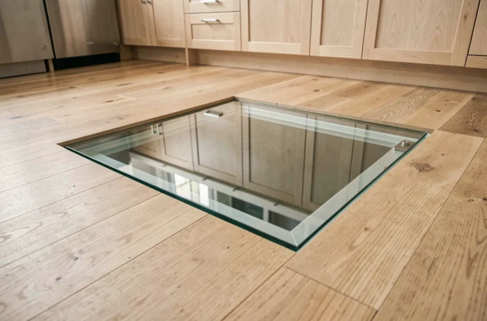 Trappe de cave en verre trempé encastrée dans un plancher en chêne clair dans une cuisine moderne