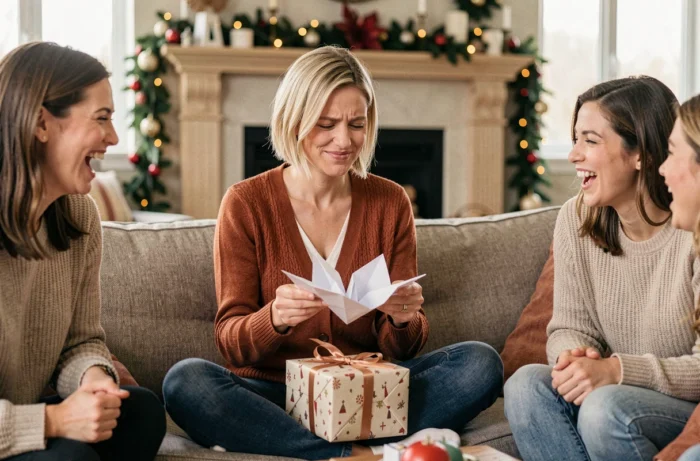 Femme souriant avec culpabilité en tenant une cocotte en papier et un cadeau mal emballé lors d'un aveu sur un cadeau reçu