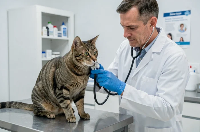 Vétérinaire examinant un chat tigré sur une table d'examen dans une clinique vétérinaire moderne