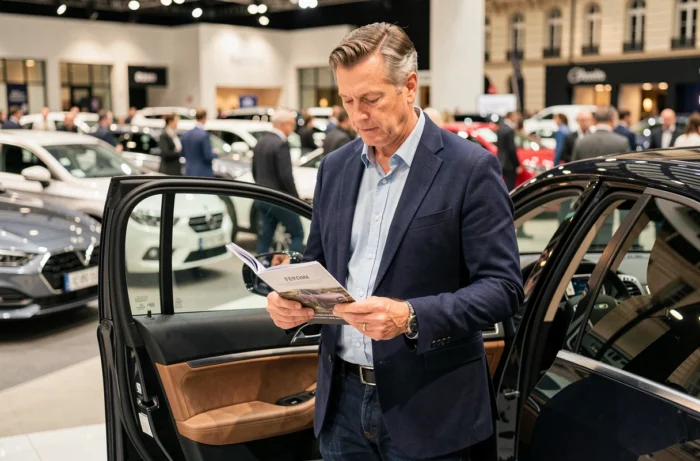 Homme français examinant des brochures automobiles lors d'un salon auto en plein air à Paris