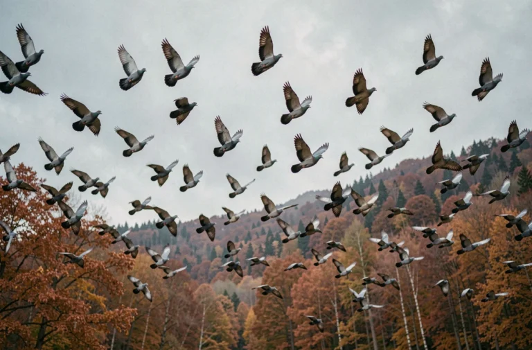Vol massif de palombes au-dessus d'une forêt de chênes pyrénéenne en automne lors de la migration annuelle