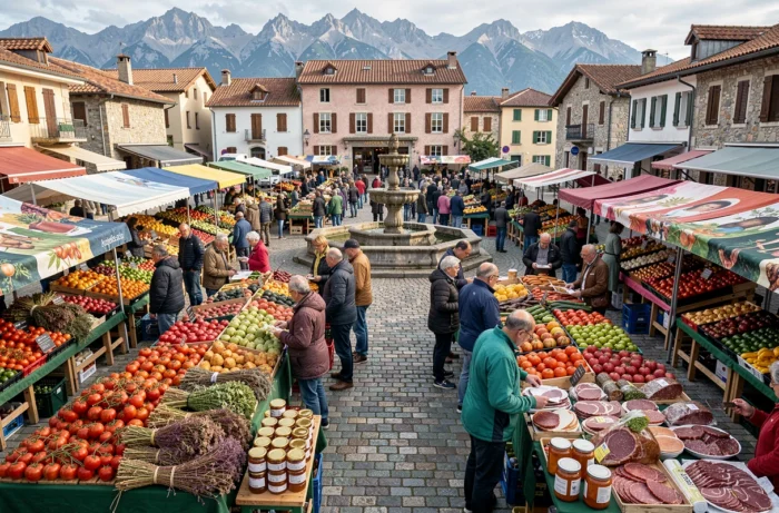 Vue panoramique animée du marché en plein air d'Argelès-Gazost avec étals de produits régionaux