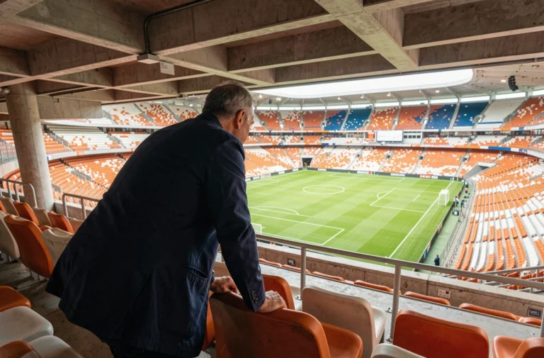 Vue panoramique depuis les tribunes supérieures du Groupama Stadium avec un spectateur observant le terrain de football