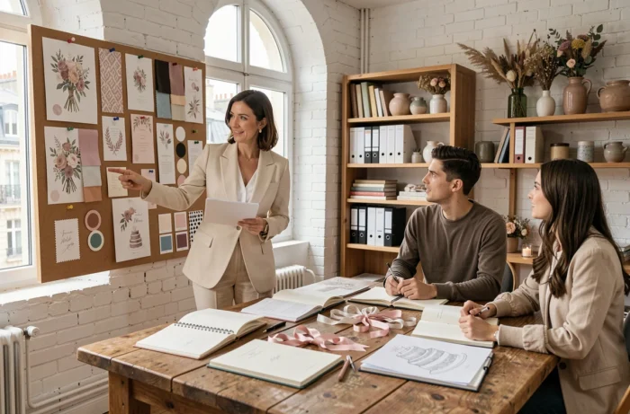 Wedding planner présentant un tableau d'inspiration de mariage personnalisé à un couple dans un atelier parisien lumineux avec moodboard et échantillons de tissu