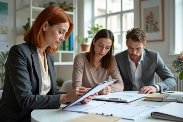 Wedding planner discutant des détails d'organisation d'un mariage avec un jeune couple autour d'une table de travail remplie d'échantillons de tissus et de fleurs